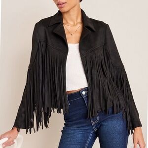 REVEROF Women's Black Faux Suede Leather Fringe Jacket Size L Western Cow Girl